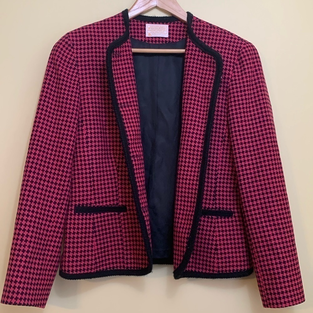 Pendleton Vintage Raspberry Red Black Houndstooth Wool Button Blazer Jacket 10